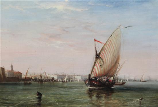 Attributed to James Meadows (1798-1864) Shipping off Venice, 13 x 19.25in.